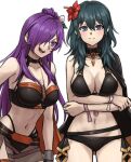  2girls bikini black_bikini blue_eyes blue_hair breasts crossed_arms female_byleth_(fire_emblem) female_byleth_(summer)_(fire_emblem) female_shez_(fire_emblem) female_shez_(summer)_(fire_emblem) fire_emblem fire_emblem:_three_houses fire_emblem_heroes fire_emblem_warriors:_three_hopes flower hair_bun hair_flower hair_ornament hair_over_one_eye hibiscus highres jewelry large_breasts multiple_girls necklace official_alternate_costume open_mouth single_hair_bun smile swimsuit thigh_gap zuzu_(ywpd8853) 