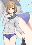  1girl absurdres ass blue_background blue_panties blunt_ends blush breasts brown_eyes brown_hair buttons closed_mouth collared_shirt commentary_request commission cowboy_shot crotch_seam dress_shirt embarrassed food-themed_hair_ornament food_print front-print_panties fruit_background fruit_print grey_jacket grey_ribbon grey_sailor_collar grey_skirt hair_ornament hand_up highres holding holding_unworn_clothes holding_unworn_skirt jacket lace-trimmed_panties lace_trim large_variant_set lemon_hair_ornament lemon_print long_sleeves looking_at_viewer medium_hair multiple_views neck_ribbon negimiso1989 no_pants original panties pixiv_commission pleated_skirt print_panties raised_inner_eyebrows ribbon sailor_collar school_uniform serafuku shirt skirt small_breasts standing underwear unworn_skirt variant_set white_shirt zoom_layer 