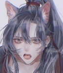  1boy ahoge animal_ear_fluff animal_ears bishounen black_hair black_hanfu cat_boy cat_ears chinese_clothes chromatic_aberration collarbone eyelashes fangs grey_background grey_eyes hair_between_eyes hair_ribbon hanfu high_ponytail highres kemonomimi_mode long_hair looking_at_viewer male_focus modao_zushi ojisan_rbt open_mouth parted_bangs ponytail portrait red_ribbon ribbon sidelocks simple_background solo teeth twitter_username upper_body wei_wuxian white_background 