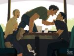  3boys alternate_universe angry belt black_hair black_pants black_shirt blue_pants booth_seating buzz_cut capri_pants clothes_grab collared_shirt commentary contemporary crew_neck cup dated denim erm_nkcn eye_contact facial_hair goatee golden_kamuy grey_hair grey_shirt hair_slicked_back highres jeans kneeling looking_at_another male_focus multiple_boys multiple_scars nervous_sweating ogata_hyakunosuke open_mouth pants scar scar_on_arm scar_on_cheek scar_on_face shiraishi_yoshitake shirt shirt_grab shoelaces shoes short_hair short_sideburns shouting sitting sneakers spilling sugimoto_saichi sweat symbol-only_commentary table teeth tree upper_teeth_only very_short_hair white_shirt wide-eyed window wing_collar 