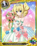  artist_request bishop_(chess) blonde_hair blue_eyes bouquet breasts card_(medium) character_name chess_piece cleavage dress drill_hair flower gloves high_school_dxd looking_at_viewer medium_breasts official_art ravel_phenex smile solo torn_clothes trading_card twin_drills twintails 