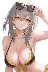  1girl bikini black_bikini blush breasts eyewear_on_head front-tie_bikini_top front-tie_top grey_hair hair_between_eyes hanato_(seonoaiko) highres honkai_(series) honkai_impact_3rd large_breasts looking_at_viewer medium_hair simple_background smile solo stelle_(honkai:_star_rail) sunglasses swimsuit trailblazer_(honkai:_star_rail) white_background yellow_eyes 