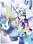  1girl 2others absurdres amaura aqua_hair aurorus blue_eyes dinosaur dinosaur_tail dress green_eyes hair_between_eyes hatsune_miku highres holding holding_wand looking_at_another looking_at_viewer misubaru_rin multiple_others official_alternate_costume official_alternate_hairstyle open_mouth pokemon pokemon_(creature) project_voltage rock_miku_(project_voltage) sleeveless sleeveless_dress smile tail veil vocaloid wand 