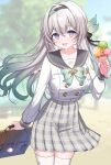  1girl absurdres aqua_hair bag blurry blurry_background blush brown_bag buttons commentary_request day double-breasted firefly_(honkai:_star_rail) firefly_(spring_missive)_(honkai:_star_rail) food grey_hair grey_sailor_collar hair_between_eyes highres holding holding_bag holding_food holding_ice_cream holding_ice_cream_cone honkai:_star_rail honkai_(series) ice_cream ice_cream_cone long_hair long_sleeves looking_at_viewer official_alternate_costume oguraponti open_mouth outdoors plaid_clothes plaid_skirt pleated_skirt purple_eyes sailor_collar school_uniform serafuku shirt skirt solo thighhighs very_long_hair white_shirt white_thighhighs zettai_ryouiki 
