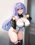  1girl absurdres alice_gear_aegis black_jacket black_thighhighs blue_eyes breasts choi7353 circle_cutout cleavage_cutout clothing_cutout companion/af covered_collarbone door front_zipper full-length_zipper highleg highleg_leotard highres jacket large_breasts leotard long_hair multicolored_leotard original purple_hair race_queen simple_background sleeveless_turtleneck_leotard solo thighhighs turtleneck turtleneck_leotard two-tone_leotard white_background white_leotard zipper zipper_leotard zipper_pull_tab 