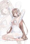 1girl absurdres belt_collar bikini bra collar goddess_of_victory:_nikke heart_collar highres horns lace-trimmed_bikini lace_trim official_alternate_costume oversized_clothes oversized_shirt pearl_bikini pink_eyes rinple shirt sitting solo swimsuit underwear viper_(nikke) viper_(shine_of_love)_(nikke) white_background white_bikini white_bra white_collar white_horns 