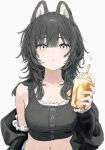 1girl ? absurdres animal_ears black_hair black_jacket commentary cup disposable_cup drinking_straw highres holding holding_cup jacket medium_hair navel open_clothes open_jacket original parted_lips simple_background solo symbol-only_commentary takaya_riku white_background white_eyes wolf_ears wolf_girl 