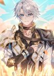  1boy antenna_hair armor black_choker black_shirt blue_eyes blue_sky choker coat crying crying_with_eyes_open highres honkai:_star_rail honkai_(series) looking_at_viewer male_focus parted_bangs parted_lips pauldrons phainon_(honkai:_star_rail) shirt short_hair shoulder_armor single_pauldron sky solo tears tears_from_one_eye twitter_username upper_body urasozopi wheat_field white_coat white_hair 