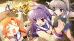  1boy 3girls angry animal animal_on_head artist_request blonde_hair blue_eyes blue_pants blue_skirt blush_stickers boar book botan_(clannad) brown_hair brown_jacket chair chalkboard clannad classroom closed_eyes crossover desk fujibayashi_kyou game_cg hair_ribbon highres higurashi_no_naku_koro_ni higurashi_no_naku_koro_ni_mei hikarizaka_private_high_school_uniform holding holding_book indoors jacket kicking long_hair long_sleeves midair multiple_girls non-web_source official_art on_head open_mouth orange_hair pants punching purple_eyes purple_hair ribbon ryuuguu_rena sakagami_tomoyo school_chair school_desk school_uniform shoes skirt smile socks sparkle sunohara_youhei white_ribbon white_shoes white_socks 