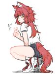  1girl animal_ears black_shorts blush from_behind hand_up highres long_hair looking_at_viewer looking_back mksk_69 original panties panty_peek red_hair shirt shoes short_shorts short_sleeves shorts simple_background smile sneakers solo squatting tail thighs underwear v white_background white_panties white_shirt white_shoes wolf_ears wolf_girl wolf_tail yellow_eyes 