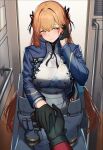  1girl 1other 3_small_spiders adjusting_hair armor black_gloves black_ribbon blue_jacket blush breasts brown_hair closed_mouth commander_(girls&#039;_frontline) commentary_request girls&#039;_frontline girls&#039;_frontline_2:_exilium gloves green_eyes hair_ribbon jacket long_hair looking_at_viewer neck_ribbon open_clothes open_jacket pov pov_hands ribbon smile springfield_(girls&#039;_frontline) springfield_(girls&#039;_frontline_2) 