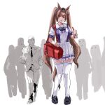  1boy 1girl animal_ears bag black_shoes bow bowtie brown_hair bubble_tea commentary daiwa_scarlet_(umamusume) english_commentary fang food full_body giant giantess hair_intakes handbag height_difference holding holding_bag holding_food horse_ears horse_girl horse_tail horseshoe_ornament long_hair multiple_others osakana_(denpa_yun&#039;yun) penny_loafers pleated_skirt puffy_short_sleeves puffy_sleeves purple_bow purple_bowtie purple_sailor_collar purple_serafuku red_eyes sailor_collar sailor_shirt school_uniform serafuku shirt shoes short_sleeves skin_fang skirt standing tail tall_female thighhighs tiara tracen_school_uniform twintails umamusume very_long_hair white_background white_skirt white_thighhighs zettai_ryouiki 