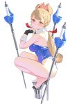  1girl absurdres alice_thymefield animal_ears backless_leotard black_gloves blonde_hair blue_leotard blush breasts closed_mouth detached_collar dot_mouth fingerless_gloves from_side full_body gloves grey_shoes heterochromia high_heels highres leotard looking_at_viewer low_twintails medium_breasts planted planted_sword rabbit_ears rapier red_eyes shoes solo squatting sword turning_head twintails weapon white_background wonbin_lee wrist_cuffs yellow_eyes zenless_zone_zero 