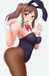  ass bare_shoulders blush breasts brown_eyes brown_hair bunny_ears bunny_girl bunny_tail bunnysuit detached_collar fake_animal_ears fake_animal_tail highleg highleg_leotard large_breasts leotard long_hair looking_at_viewer open_mouth original pantyhose ponytail sakaura_(layer255) shiny shiny_clothes shiny_hair smile solo wrist_cuffs 