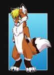  2014 4_toes anthro black_markings blonde_hair blue_eyes brown_fur canine claws digital_media_(artwork) digitigrade dipstick_tail facial_markings featureless_crotch fluffy fluffy_tail fox foxeh front_view fur hair hands_behind_back hindpaw inner_ear_fluff likeshine looking_at_viewer male mammal markings multicolored_fur multicolored_tail naturally_censored nude orange_fur paws pink_nose simple_background solo toe_claws toes white_fur 