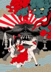  1girl 1other architecture ascot black_hair black_shoes bow detached_sleeves east_asian_architecture frilled_bow frilled_hair_tubes frilled_skirt frills gohei hair_bow hair_tubes hakurei_reimu highres limited_palette long_hair long_tongue navel nihonga on_one_knee outdoors red_bow red_skirt ribbon-trimmed_sleeves ribbon_trim rope shide shimenawa shoes shrine skirt skirt_set stone_lantern sunburst tongue touhou traditional_youkai xiangyun yamada_satoshi yellow_ascot 