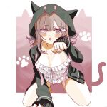 1girl :o bikini breasts brown_hair cat_girl cat_tail cho_koko-kyu_no_washi danganronpa_(series) danganronpa_2:_goodbye_despair flipped_hair frilled_bikini frills galaga highres jacket long_sleeves looking_at_viewer medium_hair nanami_chiaki open_clothes open_jacket pink_eyes solo swimsuit tail white_bikini 