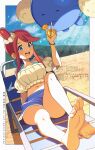  1girl =_(9_yawbus) absurdres bare_legs barefoot beach beach_chair bikini bikini_under_clothes bikini_under_shorts blue_bikini blue_eyes blue_shorts blush breasts closed_eyes collarbone crop_top cup denim denim_shorts drink feet foot_focus foreshortening hair_ornament highres holding holding_cup jumpluff knee_up legs lounging lying midriff navel off-shoulder_shirt off_shoulder official_alternate_costume on_back one_side_up open_mouth outdoors pokemon pokemon_(creature) pokemon_masters_ex red_hair shirt shorts sidelocks sky skyla_(pokemon) skyla_(summer_2025)_(pokemon) smile soles swimsuit teeth toes watermark 