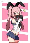  1boy absurdres animal_ears ansel_(arknights) arknights artist_name black_neckerchief black_panties blue_sailor_collar blue_skirt cellphone cosplay cowboy_shot cropped_shirt crossdressing crossdressing_(mtf) elbow_gloves extra_ears fake_animal_ears gloves hendra highleg highleg_panties highres holding holding_phone kantai_collection looking_at_viewer lop_rabbit_ears male_focus mask microskirt midriff mirror_selfie mouth_mask navel neckerchief notice_lines one_eye_closed panties phone pink_background pink_hair rabbit_boy rabbit_ears red_eyes red_thighhighs sailor_collar sailor_shirt school_uniform selfie serafuku shimakaze_(kancolle) shimakaze_(kancolle)_(cosplay) shirt short-hair signature simple_background skirt sleeveless sleeveless_shirt smartphone solo striped_clothes striped_thighhighs thighhighs trap underwear white_gloves white_shirt 