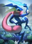  absurdres blurry bright_pupils commentary day depth_of_field from_behind greninja highres holding leg_up likey lily_pad looking_back outdoors pink_eyes pokemon pokemon_(creature) pokemon_focus solo tongue water water_drop 