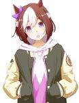  1girl animal_ears black_jacket bow brown_hair ear_bow hands_in_pockets highres hood hooded_sweater horse_ears horse_girl jacket jagili_noe looking_at_viewer multicolored_hair open_mouth purple_bow purple_eyes raglan_sleeves short_hair simple_background solo special_week_(umamusume) sweater two-tone_hair umamusume upper_body white_background white_hair 