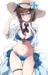  1girl bikini blue_bikini blue_eyes blush braid breasts brown_hair brown_hat cleavage cowboy_shot dairyo3 flower front-tie_bikini_top front-tie_top hair_between_eyes hair_flaps hair_over_shoulder hat hat_flower highres kantai_collection long_hair medium_breasts official_alternate_costume open_clothes open_shirt shigure_(kancolle) shigure_kai_san_(kancolle) shigure_kai_san_(swimsuit)_(kancolle) single_braid solo straw_hat sun_hat swimsuit thigh_strap 