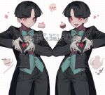  2boys absurdres anzekeye black_hair black_pants blush cake chinese_commentary clone cup cupcake food gloves green_vest grid_background heart heart_hands heart_in_heart_hands highres looking_at_viewer male_focus maruko_gaku multiple_boys official_alternate_costume pants red_eyes shirt short_hair symmetrical_pose tailcoat teacup teapot the_hundred_line_-last_defense_academy- vest white_background white_gloves white_shirt 