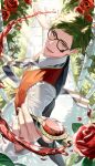  1boy absurdres arched_back backlighting black_necktie black_pants black_vest chikuwa_glasses collared_shirt commentary_request dappled_sunlight diagonal-striped_clothes diagonal-striped_necktie facial_mark flower gazebo grass green_eyes highres long_sleeves looking_at_viewer magic male_focus necktie outdoors pants red_flower red_rose red_vest rose shirt short_hair solo striped_clothes sunlight trey_clover twisted_wonderland two-tone_vest vest water white_flower white_necktie white_rose white_shirt 