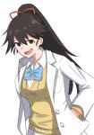 1girl alternate_costume bambietta_basterbine black_hair bleach bleach:_sennen_kessen-hen blue_bow blue_bowtie bow bowtie brown_eyes clothes_writing collared_shirt commentary_request delinquent hair_between_eyes hair_ribbon hand_in_pocket highres jacket long_hair long_sleeves looking_at_viewer open_clothes open_jacket open_mouth ponytail red_ribbon ribbon school_uniform shirt simple_background smile solo sweater teeth upper_body upturned_eyes v-shaped_eyebrows white_background white_jacket white_shirt yellow_sweater yukia2 