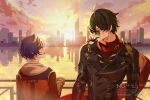 1boy 1girl ahoge black_hair black_jacket blush cityscape green_eyes highres jacket leather leather_jacket lighter_(zenless_zone_zero) looking_at_another nikumaipan red_scarf scarf short_hair shoulder_spikes smile spiked_jacket spikes sunglasses sunset upper_body zenless_zone_zero 
