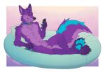 2024 animal_genitalia anthro blue_collar blue_markings blue_pawpads canid canine collar dated fully_sheathed fur genitals glistening glistening_eyes hair hi_res male male_anthro mammal markings mouth_closed nude pawpads purple_body purple_eyes purple_fur purple_hair reclining sheath short_hair solo yookie