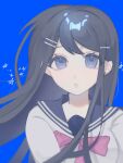  1girl black_hair blue_eyes bow bowtie danganronpa:_trigger_happy_havoc danganronpa_(series) hair_ornament hairclip highres long_hair long_sleeves looking_at_viewer maizono_sayaka pink_bow pink_bowtie rizu639 sailor_collar school_uniform shirt simple_background solo 