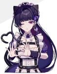  1girl ;&lt; ahoge animal_ears apron barbell_piercing black_hair black_nails blunt_bangs braid breasts cat_ears cat_tail chest_harness chest_tattoo closed_mouth collarbone commentary_request detached_collar dress ear_piercing earrings eyelashes fake_animal_ears fake_tail fingernails frilled_apron frilled_sleeves frills gold_earrings hair_intakes half_up_braid hands_up harness heart heart_hands highres industrial_piercing jewelry large_breasts linked_piercing long_fingernails long_hair looking_at_viewer maid maid_apron maid_headdress meloco_kyoran meloco_kyoran_(2nd_costume) multicolored_hair nail_polish nijisanji nijisanji_en official_alternate_costume official_alternate_hairstyle one_eye_closed piercing ponytail puffy_short_sleeves puffy_sleeves purple_dress purple_eyes purple_hair sekka_(sekka1202) short_sleeves simple_background solo streaked_hair tail tattoo very_long_hair virtual_youtuber white_apron white_background wing_collar wrist_cuffs 