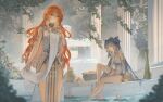  2girls absurdres agito_(agitoishere) ahoge ancient_greek_clothes augusta_(wuthering_waves) bare_legs bare_shoulders blue_eyes blue_hair breasts commentary_request dress earrings greco-roman_clothes head_wreath highres iuno_(wuthering_waves) jewelry large_breasts legs long_hair multiple_girls orange_eyes orange_hair parted_lips pelvic_curtain signature sitting sun_earrings thigh_strap thighs very_long_hair white_dress wuthering_waves 