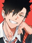  1boy arm_up black_sweater_vest brown_eyes collarbone collared_shirt commentary diagonal-striped_clothes diagonal-striped_necktie earbuds earphones film_grain grin haikyuu!! hair_between_eyes head_rest highres kuroo_tetsurou looking_to_the_side male_focus necktie nnaa0_o open_collar red_background red_necktie school_uniform shirt sideways_glance simple_background smile solo striped_clothes striped_necktie sweater_vest teeth twitter_username white_shirt 