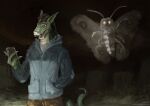  ambiguous_gender antennae_(anatomy) anthro arthropod arthropod_abdomen black_hair bottomwear cellphone claws clothed clothing digital_media_(artwork) duo durachev electronics giant_insect green_body hair holding_object holding_phone hoodie insect insect_wings kronte leo_(maaarked_one) lepidopteran lizard lizard_tail male moth night open_mouth outside phone reptile scalie sharp_teeth sky smartphone tail teeth topwear wings 