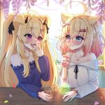  2girls ahoge animal_ears armpit_crease black_horns blonde_hair blue_eyes bow cat_ears cerber_(vtuber) collarbone cup demon_horns dog_ears dress drink drinking_straw english_commentary fang flower glass hair_between_eyes hair_bow hair_ornament hairclip hand_up head_rest highres holding holding_cup horns iced_tea indie_virtual_youtuber jewelry keipup long_hair minikomew multiple_girls necklace off-shoulder_dress off_shoulder official_alternate_costume official_art petals pink_flower pink_nails pink_rose plant purple_dress purple_eyes restaurant rose round_eyewear second-party_source skin_fang small_horns twintails upper_body white_dress 