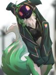 2025 3:4 anthro biped breasts clothed clothed_anthro clothed_female clothing countershade_fur countershade_torso countershading digital_media_(artwork) female front_view fur green_body green_fur green_tail hi_res machine protogen smile solo standing tail tinygaypirate topwear visor