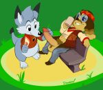 accessory alex_the_rubikang animal_crossing anthro balls bench big_penis bodily_fluids brown_body canid canine canis clothed clothing dawmino digital_media_(artwork) domestic_dog duo erection eyewear fur genitals glasses hair harvey_(animal_crossing) hi_res holding_object kangaroo macropod male male/male mammal marsupial nintendo on_bench penis sitting sitting_on_bench smile touching_penis