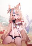  1girl animal_ear_fluff animal_ears black_shorts blonde_hair blue_eyes blue_hair cat_ears cat_girl dress fins fish_tail full_body highres indie_virtual_youtuber kneeling kotodekun long_hair multicolored_hair navel open_clothes open_dress sameko_saba shark_girl shark_tail short_shorts shorts single_bare_shoulder single_off_shoulder solo streaked_hair tail v very_long_hair virtual_youtuber white_dress 