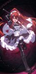  1girl absurdres apron black_boots black_dress blush bodystocking boots breasts chain collared_dress crossed_bangs dango_(dango_remi) dango_remi dot_nose dress eyeliner fang floating_hair frilled_dress frills hair_between_eyes hair_ornament high_ponytail highres holding holding_sheath holding_sword holding_weapon katana lace-up_boots long_hair looking_at_viewer maid maid_apron maid_headdress makeup open_mouth original ponytail puffy_short_sleeves puffy_sleeves purple_eyes red_eyeliner red_hair revision sheath short_sleeves skin_tight small_breasts solo standing standing_on_one_leg sword very_long_hair weapon white_apron 