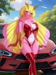 4_arms ajeny anthro arthropod breasts car clothing female hand_on_breast hi_res insect insect_wings legwear lepidopteran lingerie looking_at_viewer moth multi_arm multi_limb rosy_maple_moth solo stockings vehicle wings