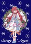  1girl absurdres angel_wings blue_dress boots christmas dress earrings food fruit hat highres idolmaster idolmaster_shiny_colors jewelry long_hair osaki_tenka red_hair rerain snowflakes standing wings 