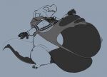 2021 3_toes 5_fingers anthro belly belly_expansion big_belly bodily_fluids bottomless claws clothed clothing digital_media_(artwork) expansion feet female finger_claws fingers flesh_fang food_container gloves grey_background greyscale guide_lines handwear horn huge_belly hyper hyper_belly kobold looking_at_self monochrome motion_outline obese obese_female overweight overweight_female saphiros scalie shirt side_view simple_background solo standing surprise sweat sweatdrop tail tearing_clothing thick_thighs toe_claws toes topwear torn_clothing torn_shirt torn_topwear wide_eyed
