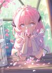  1girl absurdres blue_eyes breasts chinese_commentary cleavage commentary_request elysia_(honkai_impact) elysia_(miss_pink)_(honkai_impact) elysia_(miss_pink_elf)_(honkai_impact) fake_horns falling_petals gloves highres honkai_(series) honkai_impact_3rd horns indoors large_breasts long_hair maid maid_headdress meow_(miyoushe_81874508) official_alternate_costume petals pink_hair pink_pupils puffy_short_sleeves puffy_sleeves short_sleeves solo white_gloves 