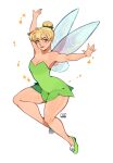  1girl animification bare_shoulders blonde_hair blue_eyes breasts dress fairy fairy_wings green_dress green_shoes green_tunic hair_bun highres kamii_momoru looking_at_viewer medium_breasts mini_person minigirl shoes short_hair single_hair_bun smile solo sparkle strapless strapless_dress tinker_bell_(disney) tunic walt_disney&#039;s_peter_pan white_background wings 