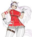  1girl animal_ears armband blunt_bangs bow bowtie breasts brown_hat commentary covered_nipples cowboy_shot dress ear_bow ear_ribbon gloves gold_ship_(umamusume) hand_on_own_hip hat highres horse_ears horse_girl horse_tail khentaiu large_breasts long_hair o-ring pants pillbox_hat pink_eyes purple_bow red_bow red_bowtie red_dress solo tail thigh_strap umamusume white_background white_gloves white_hair white_pants 