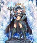  1girl absurdres adapted_costume animal_costume animal_hood armor armored_boots atlantis bikini bikini_armor blue_eyes blue_sash blue_streaks boots bracer cape chainmail commission commissioner_upload crossover doom:_the_dark_ages doom_(series) doom_eternal energy_weapon fantasy fins fish_tail fur_collar gawr_gura gold gold_halo green_armor halo halo_behind_head happy highres hip_armor holding holding_polearm holding_staff holding_weapon hood huge_weapon loincloth multicolored_hair ocean polearm queen sash science_fiction shark shark_costume shark_girl shark_hood shark_tail sharp_teeth shoulder_armor smile spiked_halo staff substance20 swimsuit tail teeth trident water waves weapon white_hair 