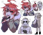  2boys 2ybnb9agfd2867 ahoge anger_vein angry aotsuki_eito black_gloves black_shoes black_streaks blood blood_on_knife cropped_torso flying_sweatdrops glasses gloves grabbing_another&#039;s_hair grey_hair grey_jacket hands_up highres holding holding_knife hood hoodie image_in_speech_bubble jacket knife light_blush male_focus middle_finger multicolored_hair multicolored_jacket multiple_boys multiple_views noose pants possessed red_eyes red_hair shoes short_hair simple_background spoilers streaked_hair sumino_takumi sunglasses sweat the_hundred_line_-last_defense_academy- two-tone_jacket white_background white_hoodie white_jacket white_pants 
