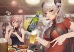  4girls alcohol alternate_costume azur_lane baby_animal bamboo_steamer beer beer_bottle bird black_dress blue_eyes bottle breasts chick china_dress chinese_clothes cup dress drill_hair dumpling eating flower food food_in_mouth grey_hair hair_flower hair_ornament highres holding holding_bottle holding_cup holding_spoon indoors jiaozi large_breasts long_hair looking_at_viewer luetzow_(azur_lane) luetzow_(steaming_hot_treat)_(azur_lane) maitei_roppa manjuu_(azur_lane) mapo_tofu multiple_girls ning_hai_(azur_lane) official_alternate_costume peking_duck_(food) ping_hai_(azur_lane) pink_hair plate plate_stack red_dress seydlitz_(azur_lane) shark_fin_soup short_sleeves sitting spoon steamed_bun taut_clothes v yellow_eyes 